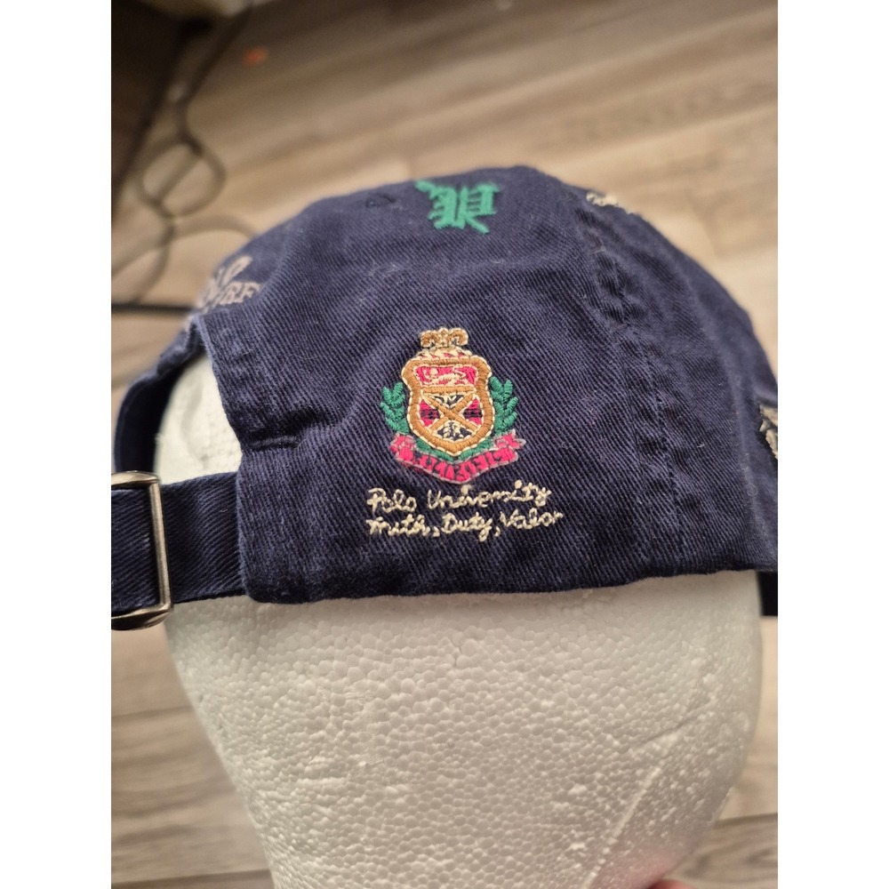 Polo Ralph Lauren College Bear Crest All Over Embroidery Navy Blue Hat Mens OS - Picture 9 of 14